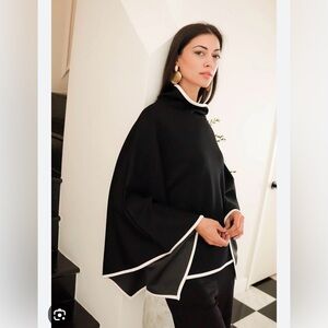 P CILL WITH LOVE   Poncho/Cape Elegant Black Women's Sweater with White Trim